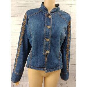 DENIM d GREE Blue Jean Jacket Embroidery Zip Up Stretch Sz 10
